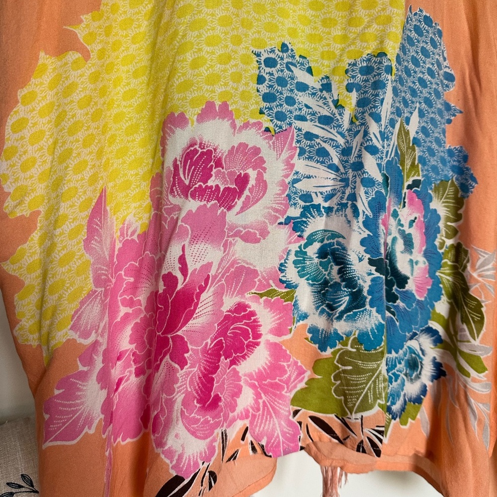 🎯 Floral Multicolor Kaftan Fringe Beach Coverup 100% viscose - Picture 5 of 7